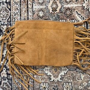 Genuine Suede Tan Clutch with Fringe